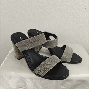Alice + Olivia Talliey Silver Metallic Beaded Block Heel Sandals Strappy Glam 7